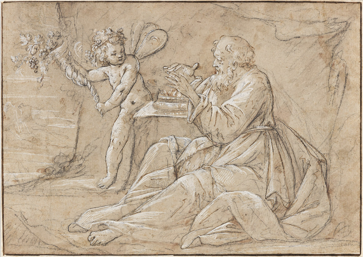 ITALIAN SCHOOL, 16TH CENTURY Winter Gives Way to Spring, An Old Man Warming his Hands and a Putto with a Cornucopia (Allegory of Old Ag